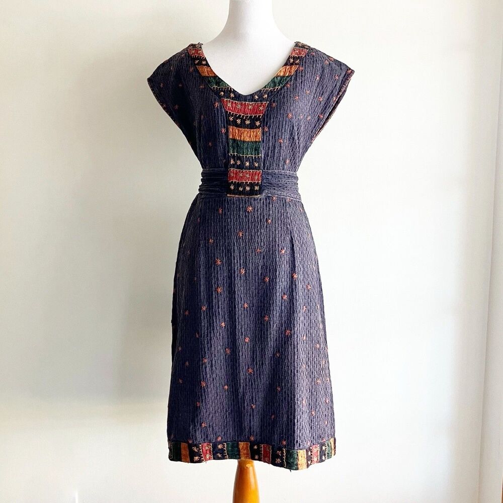 The Territory Ahead Embroidered Applique Dress Sz 8 Cotton Tie Global Bohemian